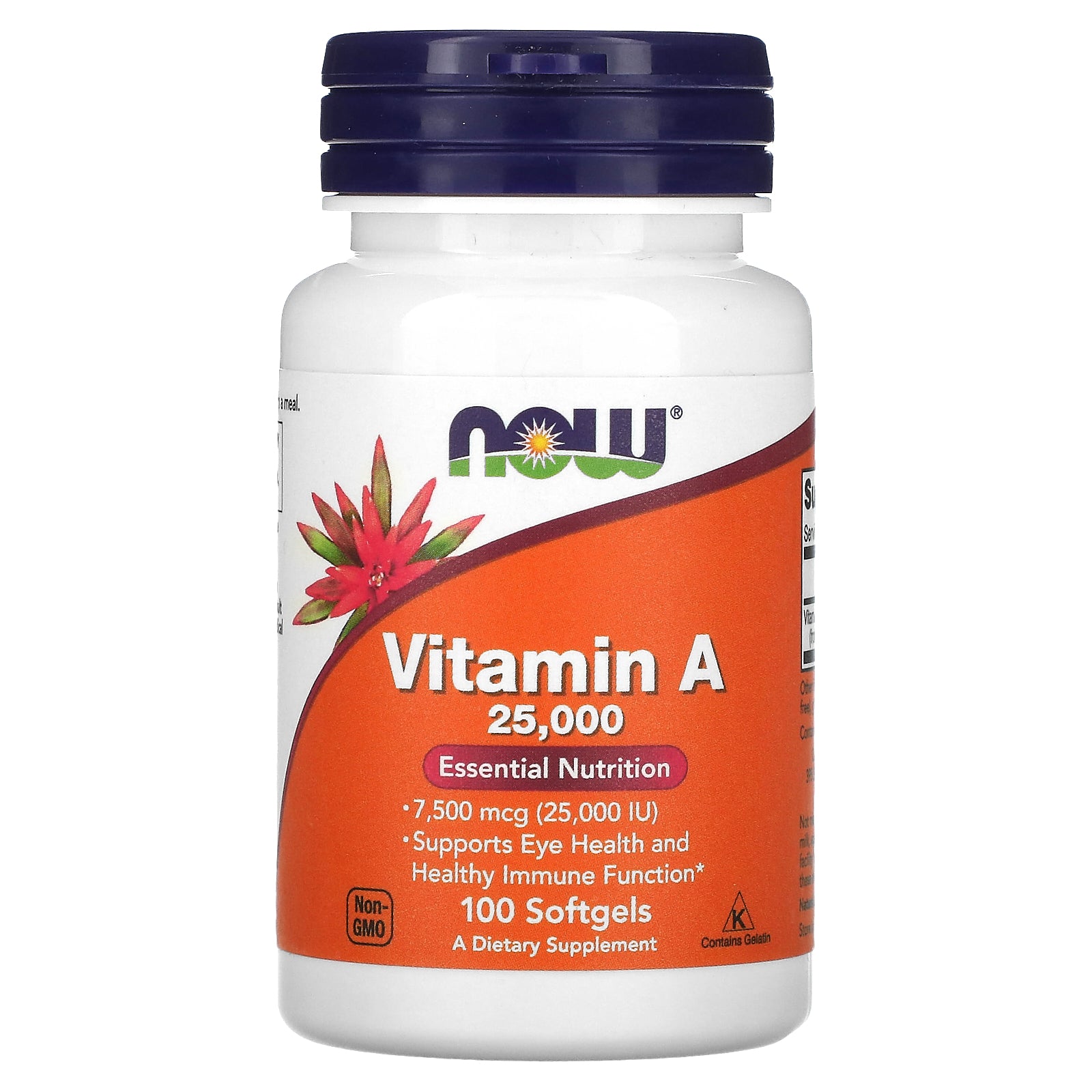 Now Foods, Vitamin A, 7,500 mcg (25,000 IU), 100 Softgels UPC 733739003409 | HiLife Vitamins